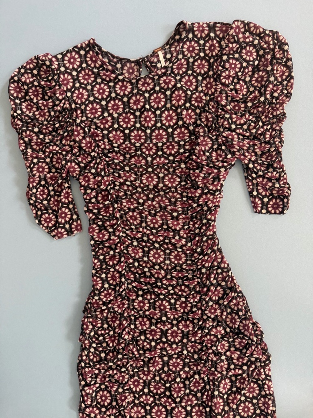 NWT Free People Briella Ruched Black Purple Floral Combo Mesh Boho Midi Dress - Picture 5 of 7